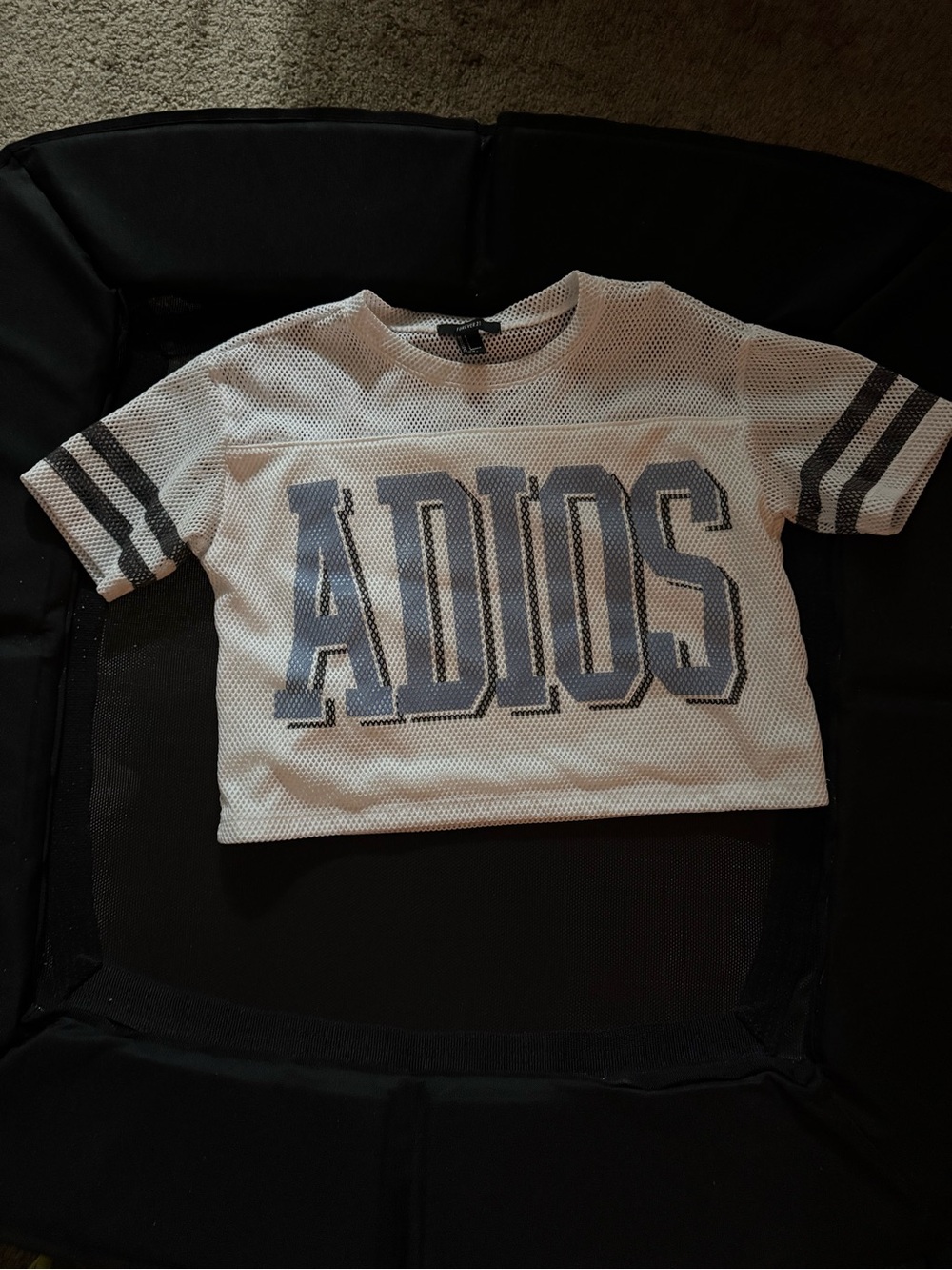 Forever 21 White Mesh 'ADIOS' Cropped Jersey with Gray Stripes